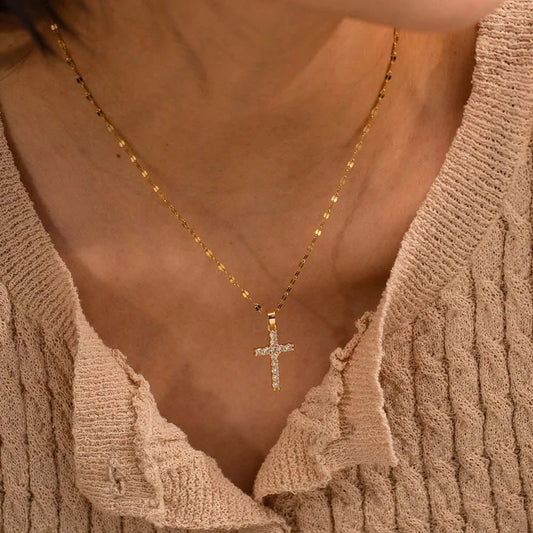 18K Gold Plated White Cubic Zirconia Cross Pendant Necklace 5