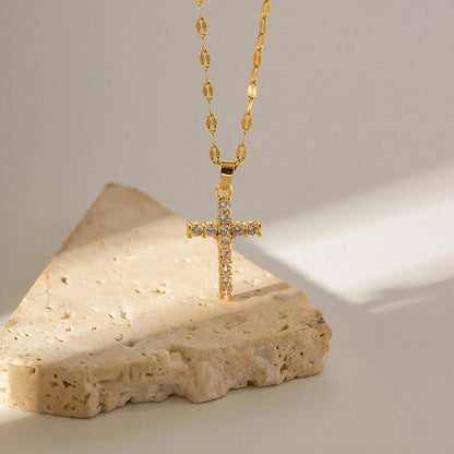 18K Gold Plated White Cubic Zirconia Cross Pendant Necklace 2