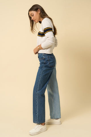 Side details  of a woman wearing her High-Waisted Two-Toned Color Straight Jeans