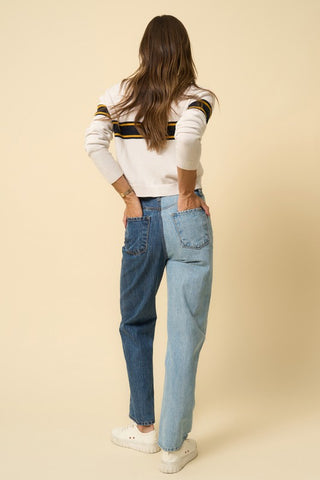 Back details of a woman wearing her High-Waisted Two-Toned Color Straight Jeans