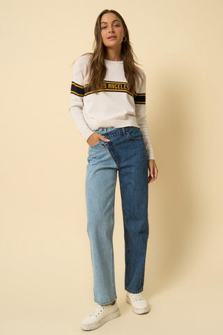 Full image of a woman wearing her High-Waisted Two-Toned Color Straight Jeans