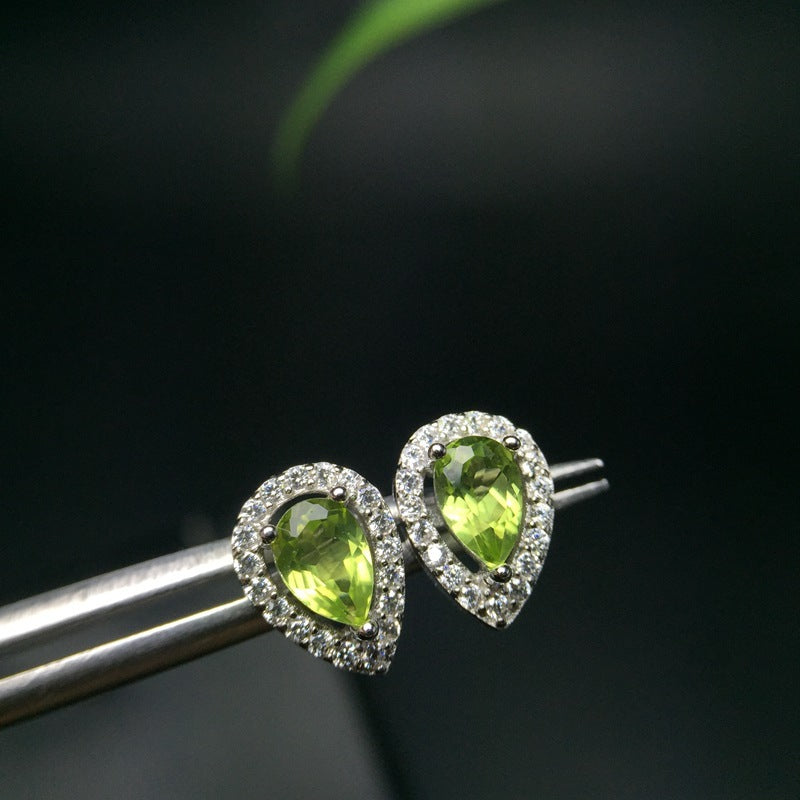 Natural Peridot Stud Earrings With Silver Inlays