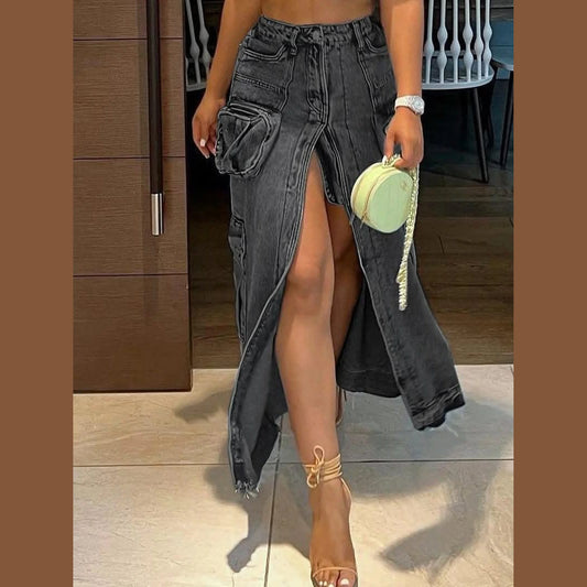 Multi Pockets Split Denim Skirt 2