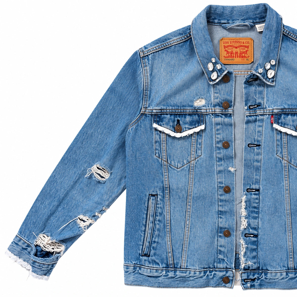 Rhinestone Lace Denim Jacket — sleeve detail