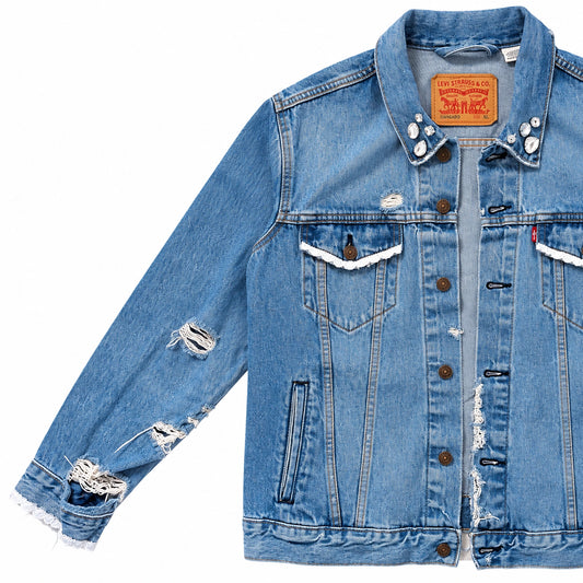 Rhinestone Lace Denim Jacket — sleeve detail