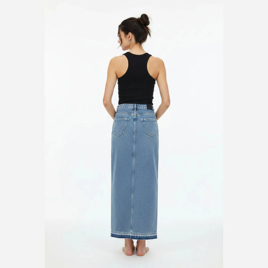 Denim Maxi Skirt — back on-model