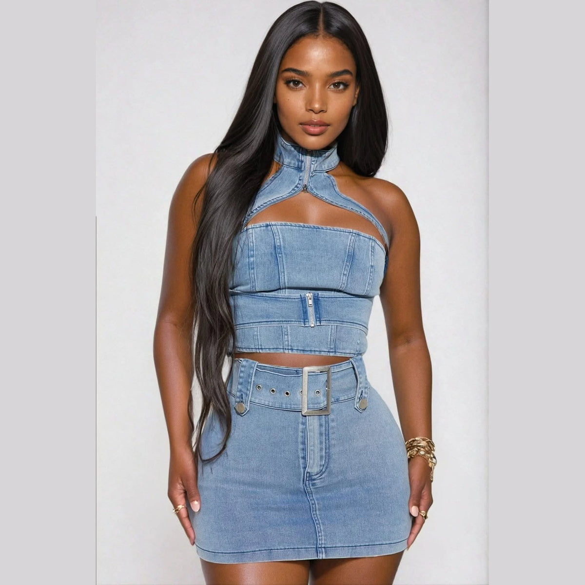 Streetwear Denim Halter Top Mini Skirt Set 2
