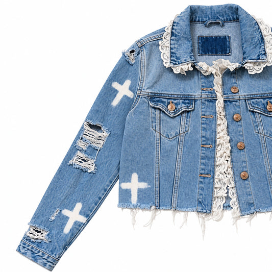 Cross Lace Crop Denim Jacket — sleeve detail
