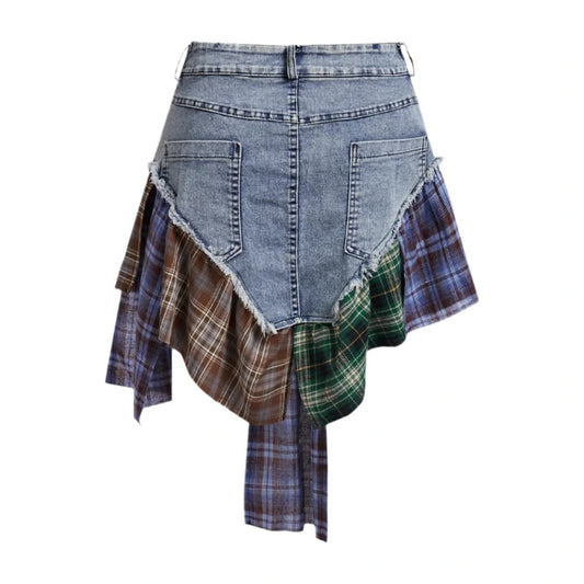 Patchwork Plaid Denim Skirt 2