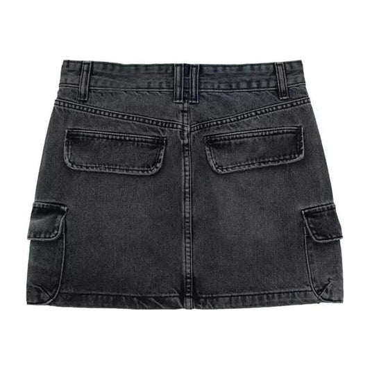 Cargo Denim Mini Skirt — black flat back