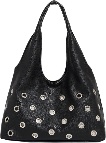 Women'S Rivet Leather Hobo Bag Y2K Double Handle Medium Shoulder Bags Punk Handbags