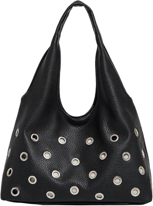 Women'S Rivet Leather Hobo Bag Y2K Double Handle Medium Shoulder Bags Punk Handbags