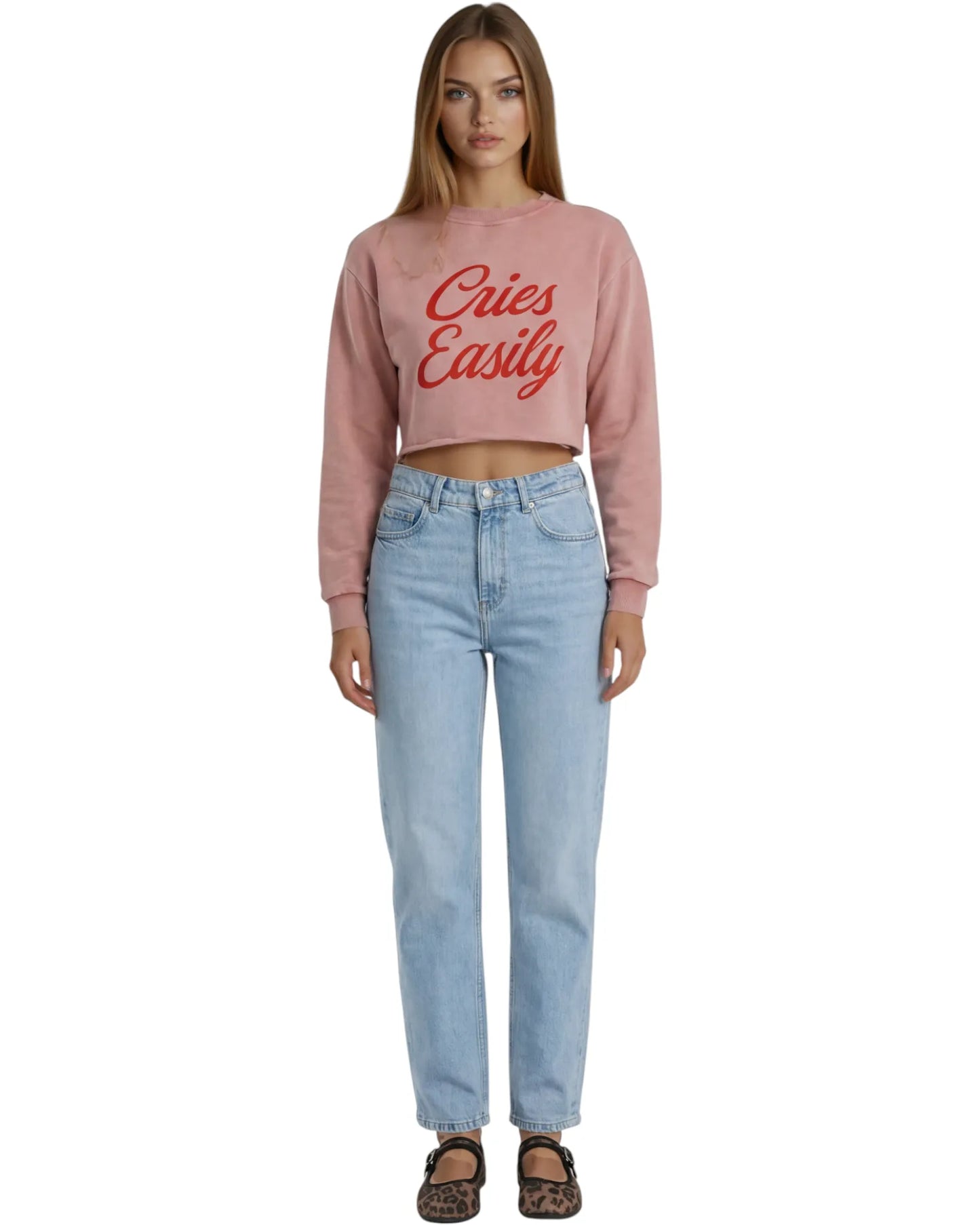 Cries Easily Washed Raw Edge Cropped Sweatshirt