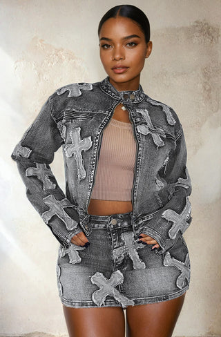 Gray Embroidered Denim Skirt and Cropped Jacket Set