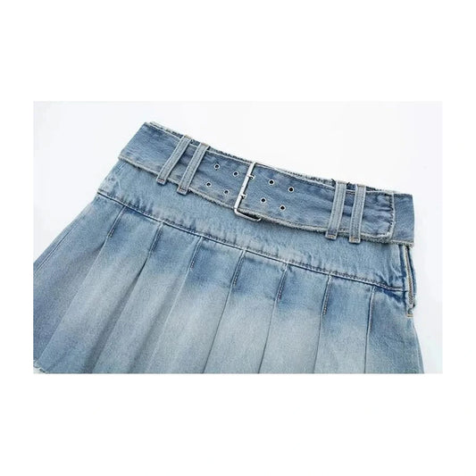 Denim Pleated Skirt with Belt