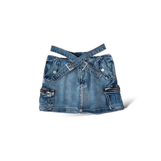Cross Belt Off Waist with A - Line High Waist Cargo Mini Skirt 3