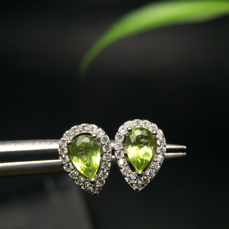 Natural Peridot Stud Earrings With Silver Inlays