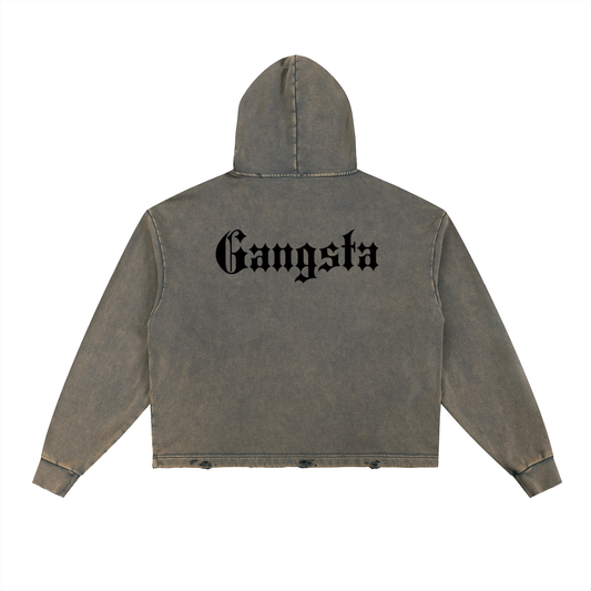 Gangsta Vintage Street Washed Frayed-Hem Hoodie Loose Woven Sweatshirt - model wearing hoodie, new