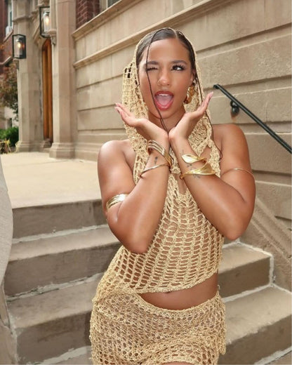 Three-Piece Knitted Sequin Hooded Set