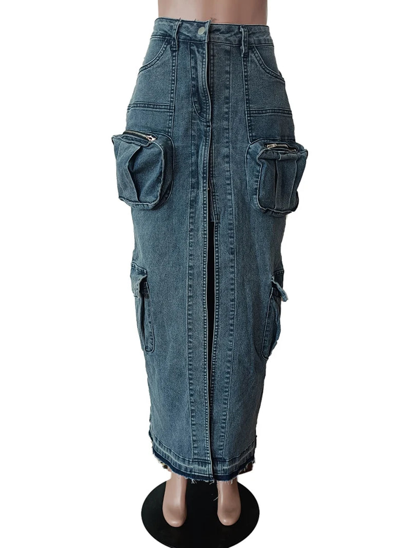 Split Front Denim Maxi Skirt with Multi Pockets, Mannequin Version
