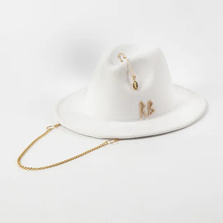 White Fedora Hat with Metal Chain Strap
