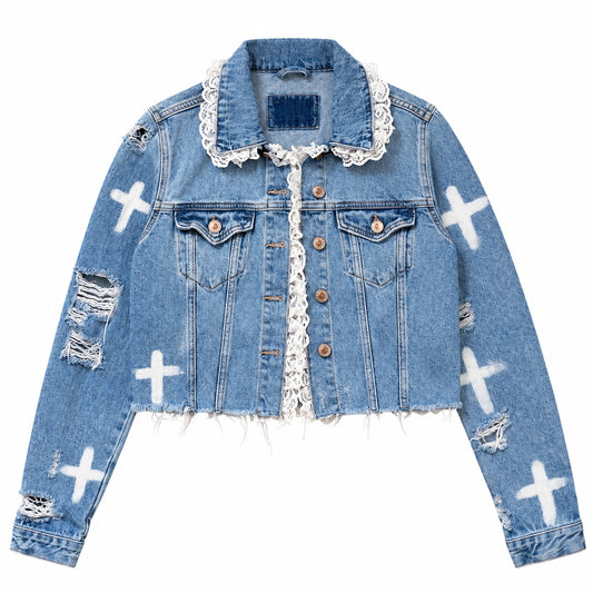 Cross Lace Crop Denim Jacket — front