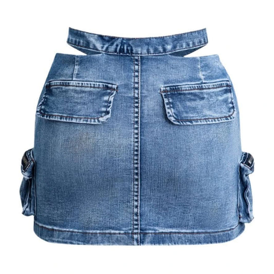 Cross Belt Off Waist with A - Line High Waist Cargo Mini Skirt 4