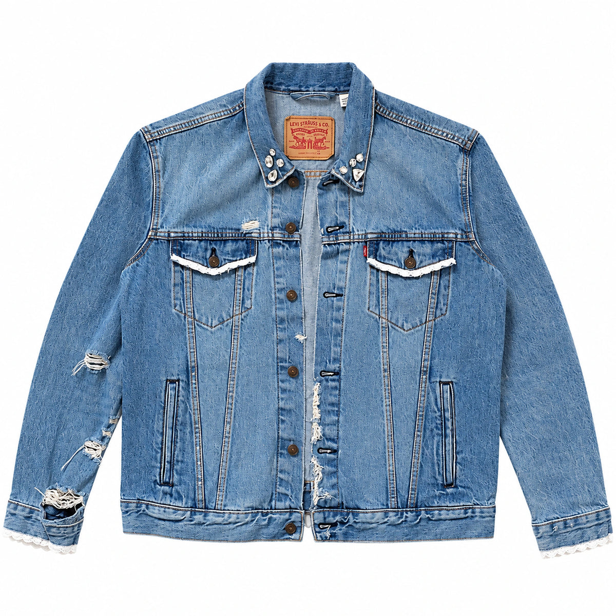 Rhinestone Lace Denim Jacket — front