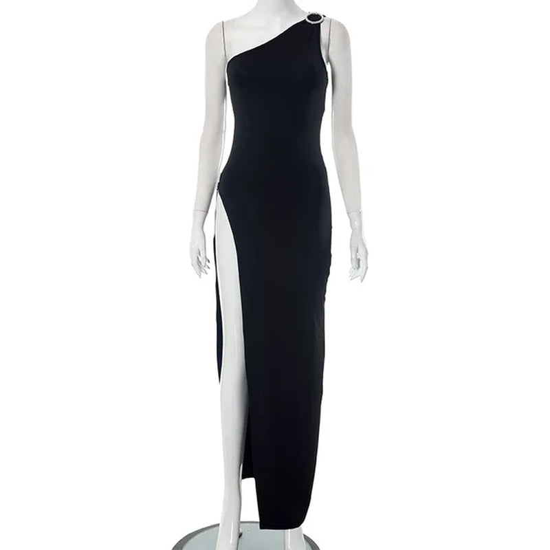 Black Asymmetrical Maxi Split Dress, Mannequin Version (Side Full)