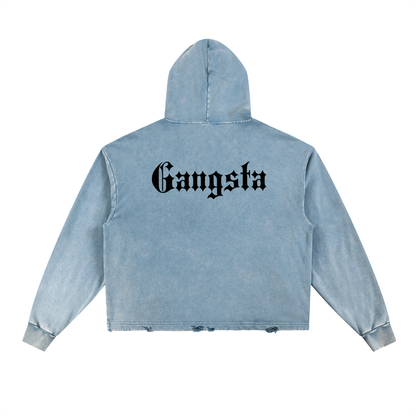 Vintage Street Washed Frayed-Hem Hoodie Unisex Loose Woven Sweatshirt