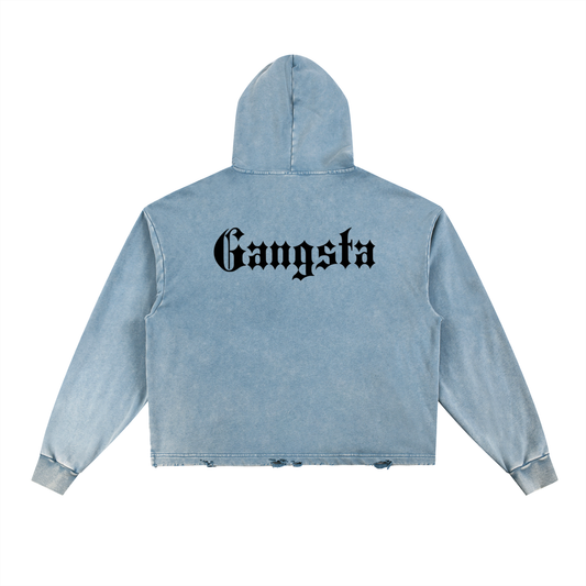 Gangsta Vintage Street Washed Frayed-Hem Hoodie Loose Woven Sweatshirt - additional view 6