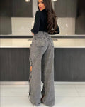 Women Vintage Cutout Hollow Out Criss Cross Straight Denim Pants 2024 Fashion INS High Waist Wide Leg Jeans Trousers
