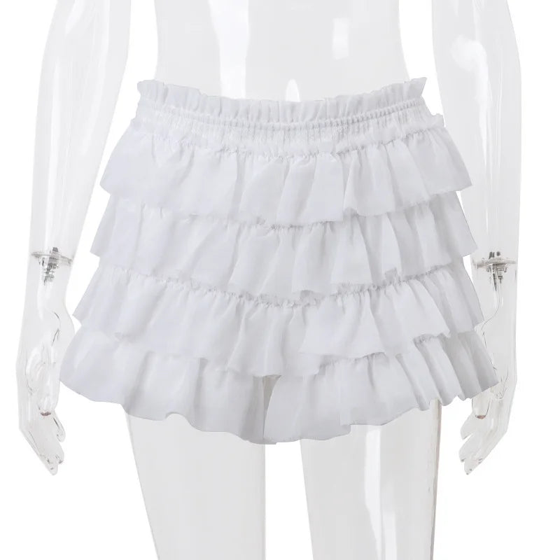 Fashion Y2K Ruffle Tiered Mini Skirts Co-Ord Sets Elegant Outfits Tie Front Tops and Skirt 2 Piece Matching Sets