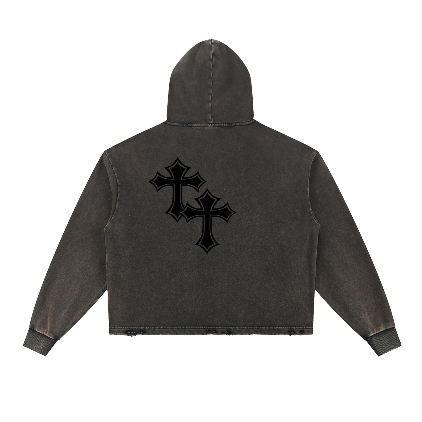 Vintage Cross Washed Frayed-Hem Hoodie in Charcoal Gray Unisex Loose Fit