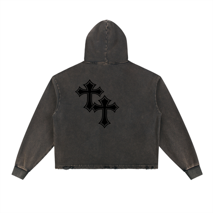 Vintage Cross Washed Frayed-Hem Hoodie in Charcoal Gray Unisex Loose Fit