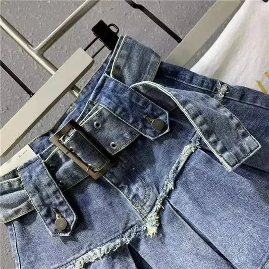 Close-up image of Denim Pleated Mini Skirt with Belt