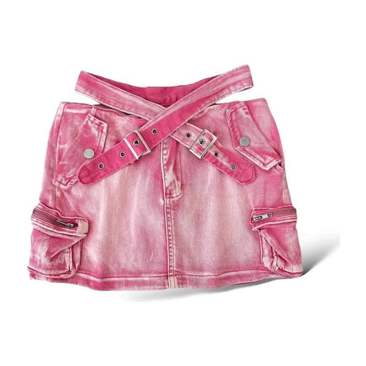 Cross Belt Off Waist with A - Line High Waist Cargo Mini Skirt 5