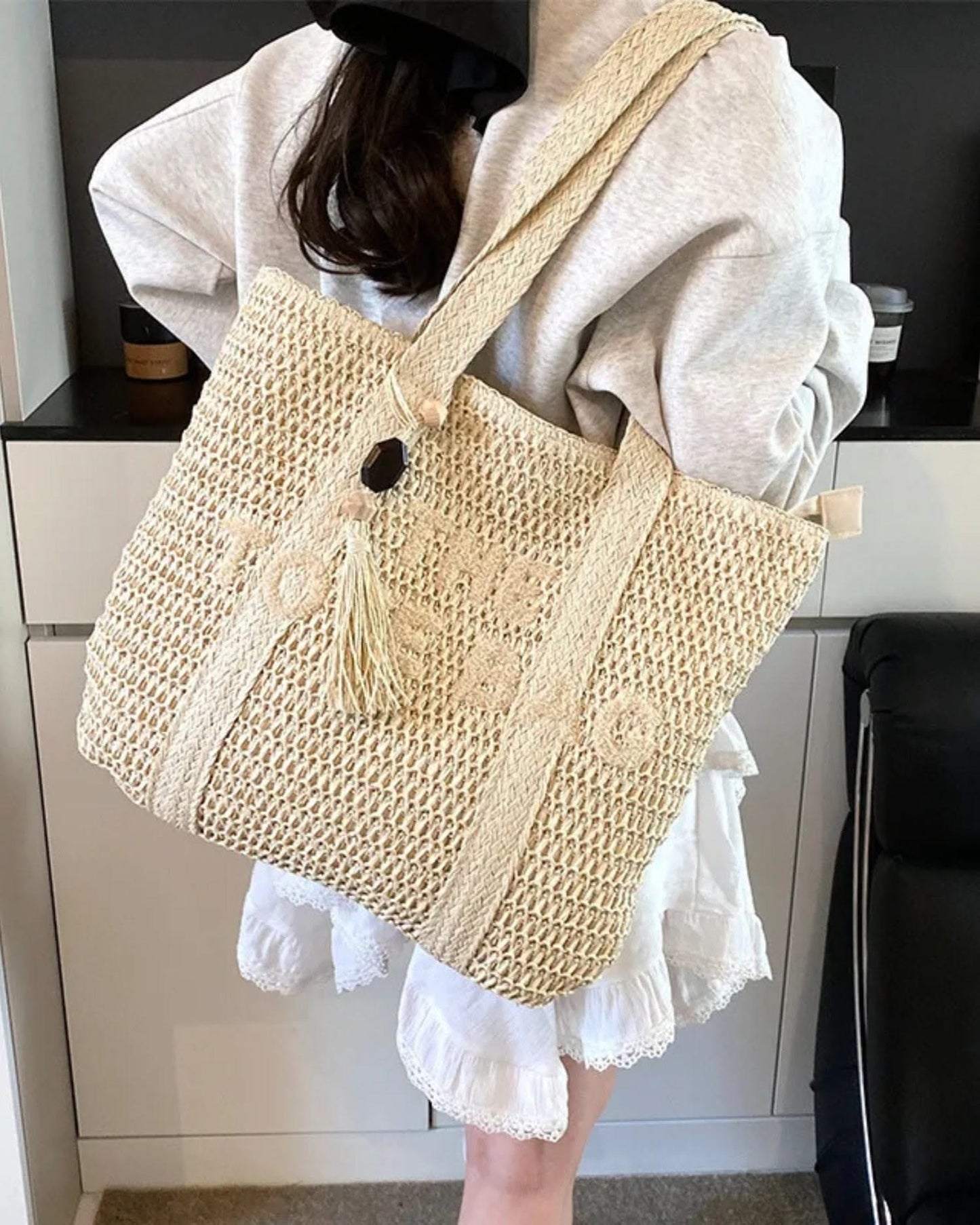 Large French Style Straw Beach Tote bag