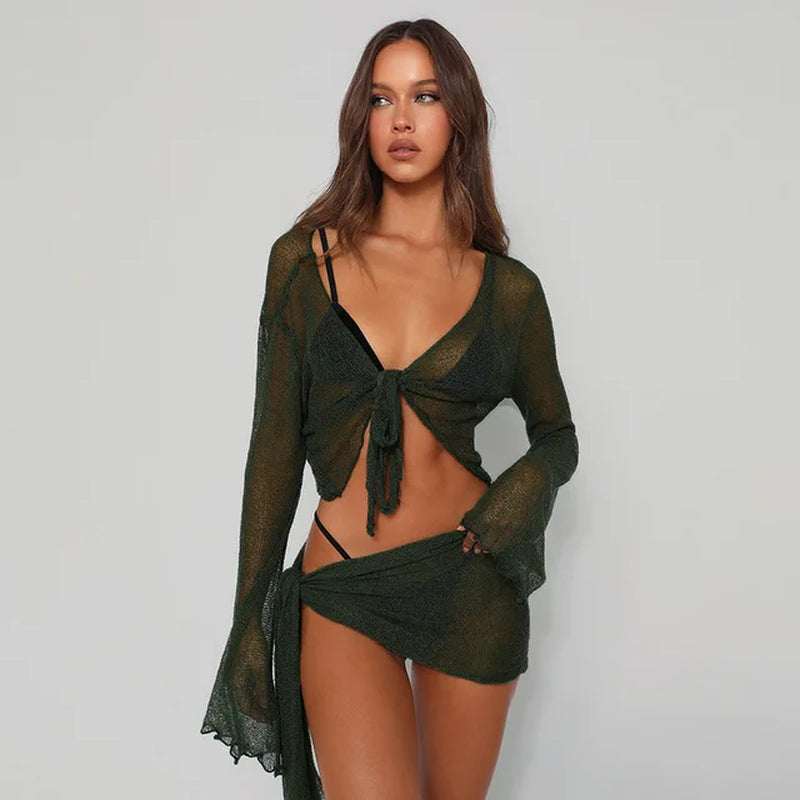 Green Two-Piece See-Through Beach Cover Up