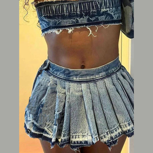 Pleated Denim Skirt 6