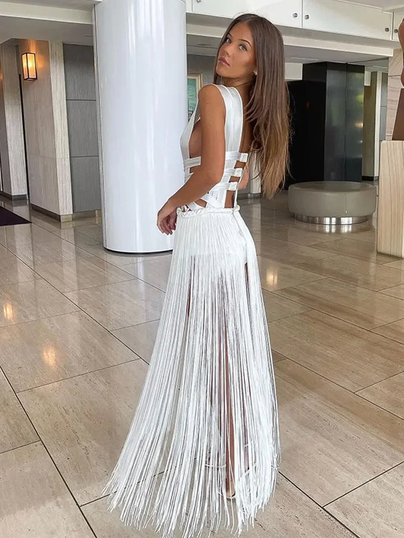 Long White Dress with Tassels