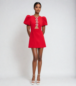 Red Hollow-Out Puff Sleeve Dress