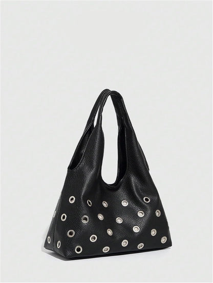 Women'S Rivet Leather Hobo Bag Y2K Double Handle Medium Shoulder Bags Punk Handbags
