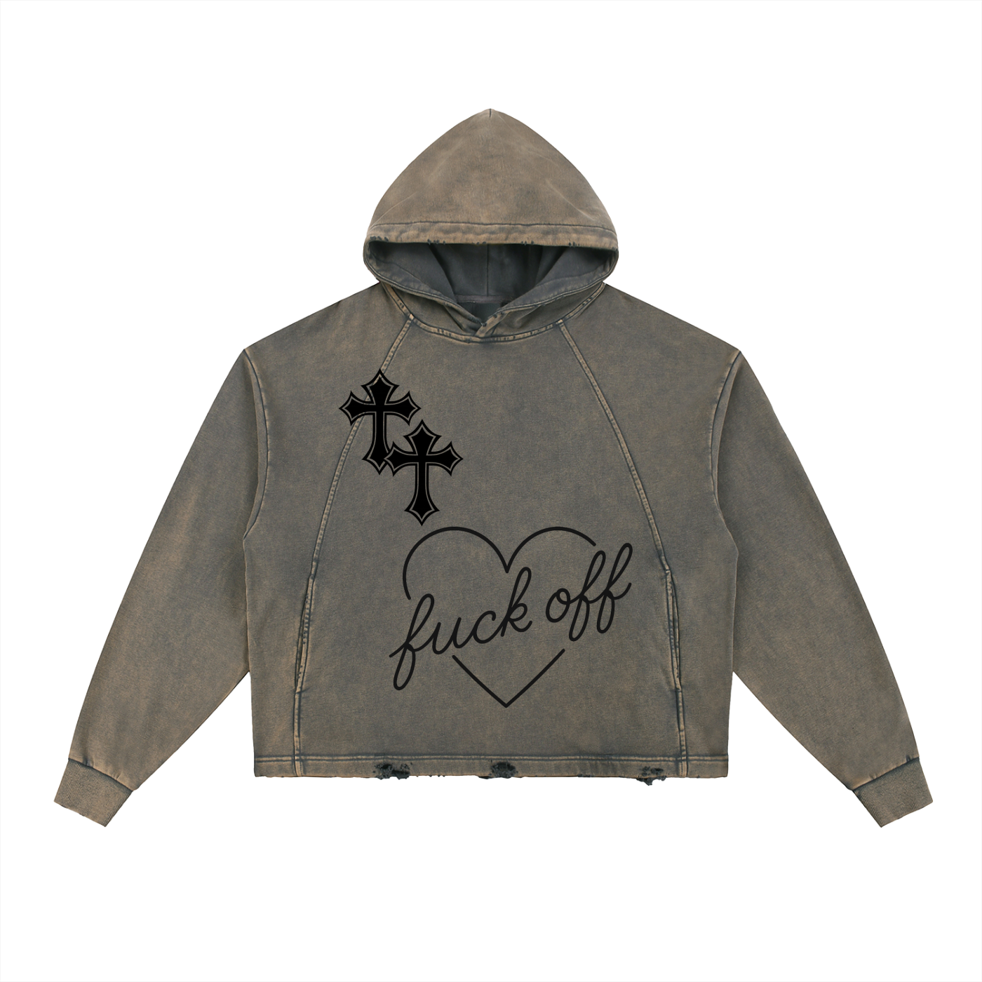 Vintage Cross Washed Frayed-Hem Hoodie in Charcoal Gray Unisex Loose Fit