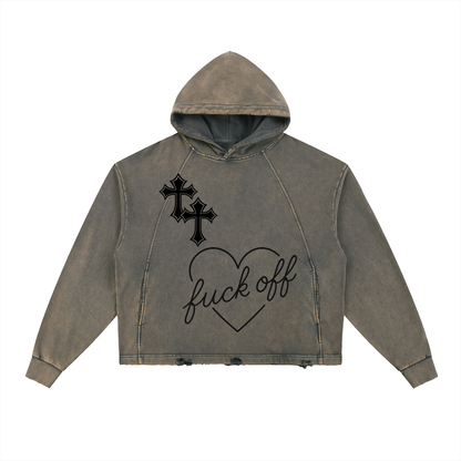 Vintage Cross Washed Frayed-Hem Hoodie in Charcoal Gray Unisex Loose Fit