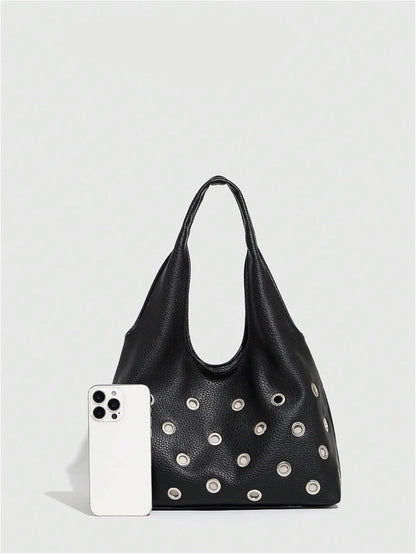 Women'S Rivet Leather Hobo Bag Y2K Double Handle Medium Shoulder Bags Punk Handbags