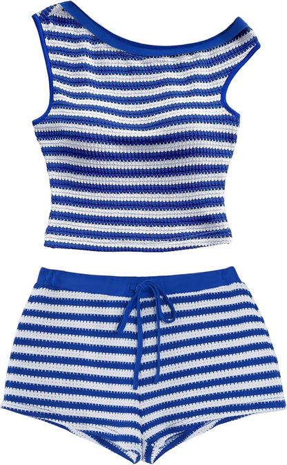 Women'S Striped Set 2 Piece Outfits Knit off the Shoulder Crop Tank Top Mini Shorts Vacation Going Out Sets