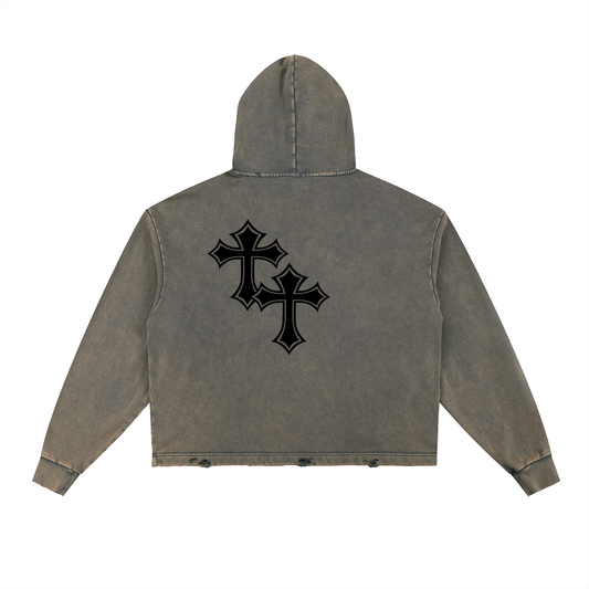 Fuck off Vintage Cross Washed Frayed-Hem Hoodie Loose Fit - model wearing hoodie, new