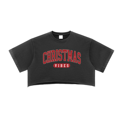 Christmas Vibes Crop Top T Shirt Washed Raw Edge Tee