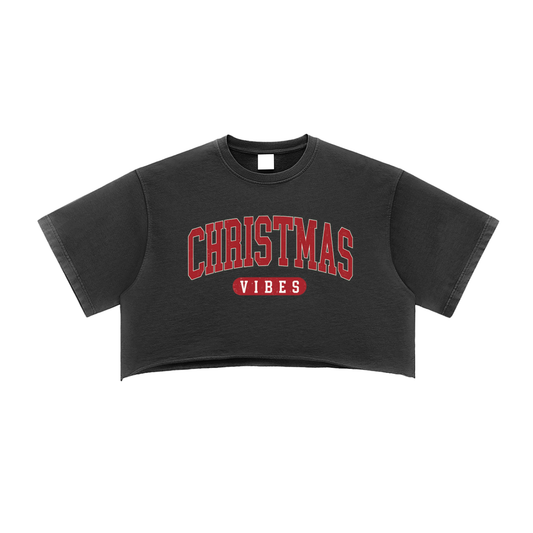Christmas Vibes Crop Top T Shirt Washed Raw Edge Tee - lifestyle photo